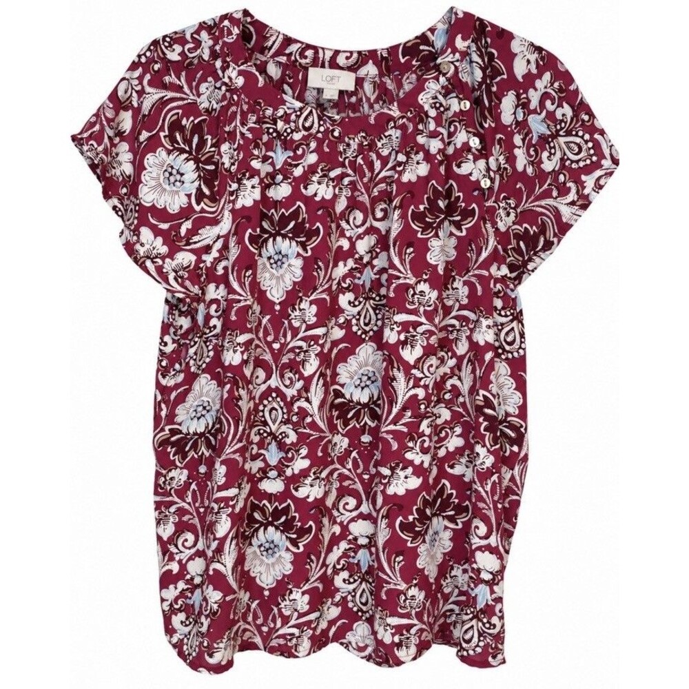 LOFT Women’s L Burgundy Floral Blouse Autumn Colors Button Shoulder Boho Top